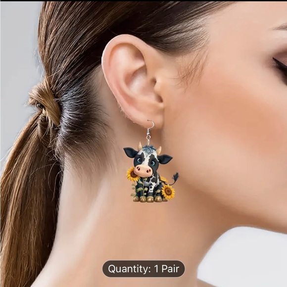 Cow and Sunflower Arylic Dangle Earrings - Picture 3 of 6